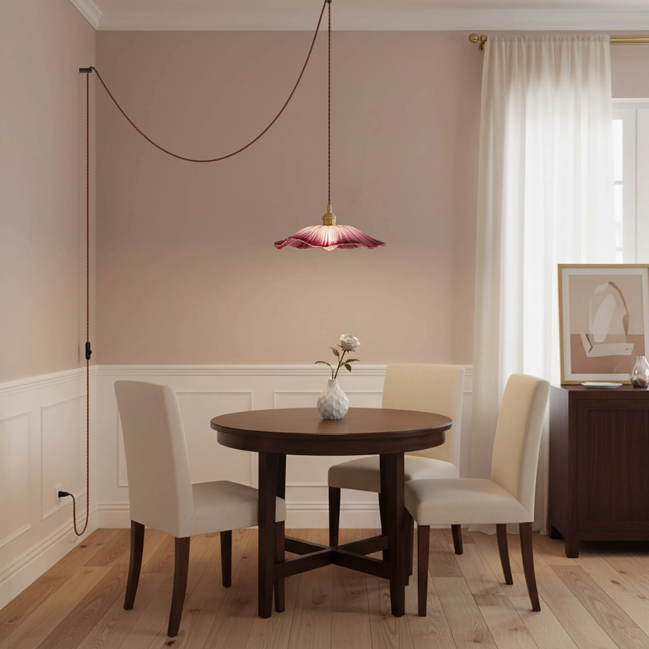 Modern glass pendant light shade detail showing petal form and light diffusion properties