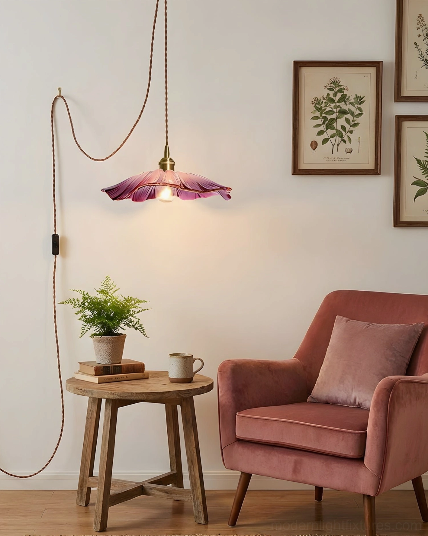 Adjustable glass pendant light with cord and installation hardware components layout
