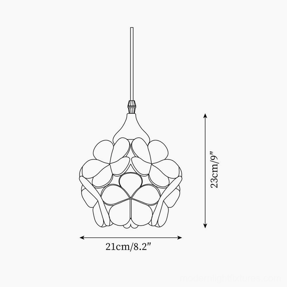 Floral pendant light technical specification diagram showing spherical petal structure with size dimensions 21cm diameter 23cm height