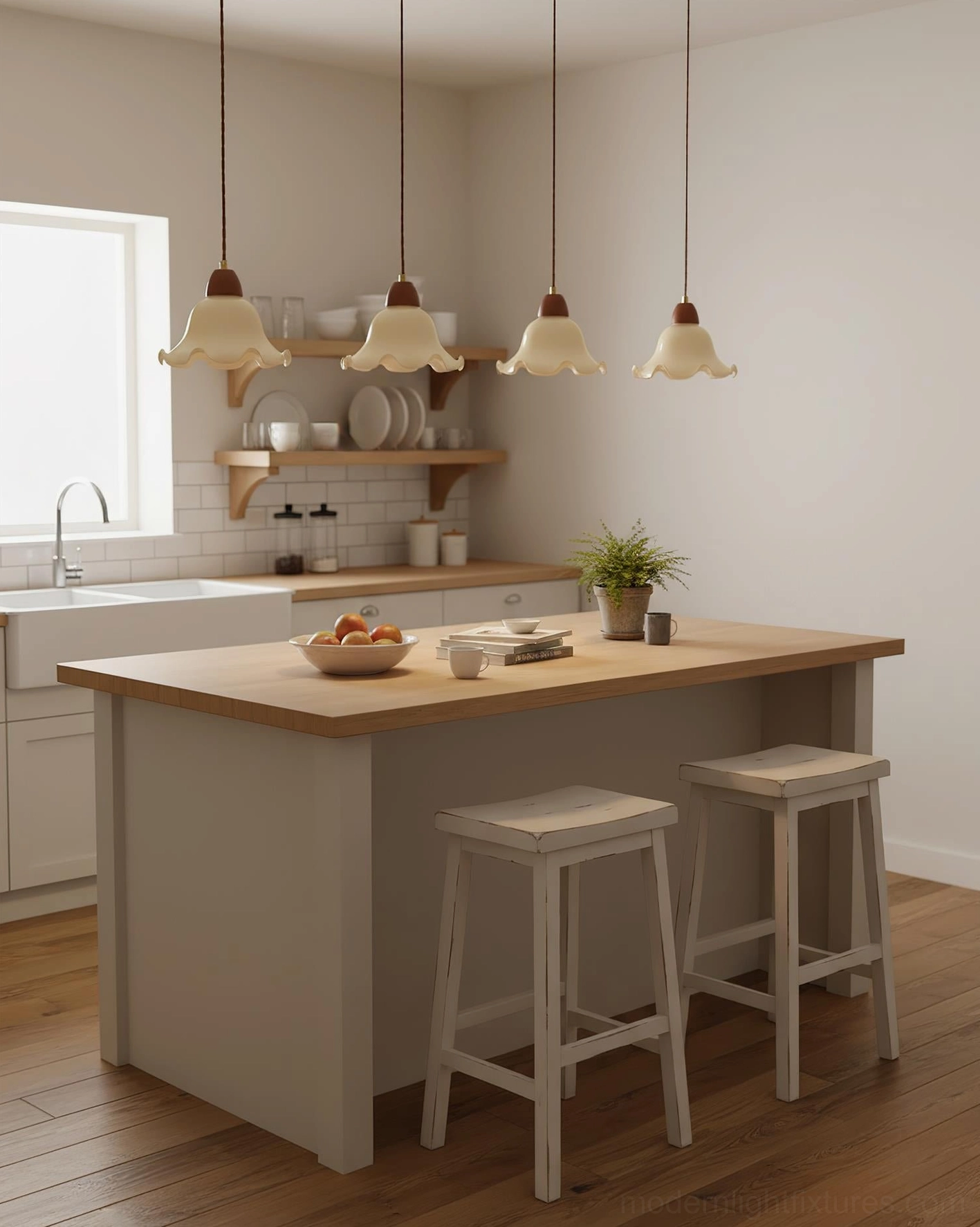 Set of ruffled flower pendant lights hung over kitchen island counter, contemporary farmhouse style