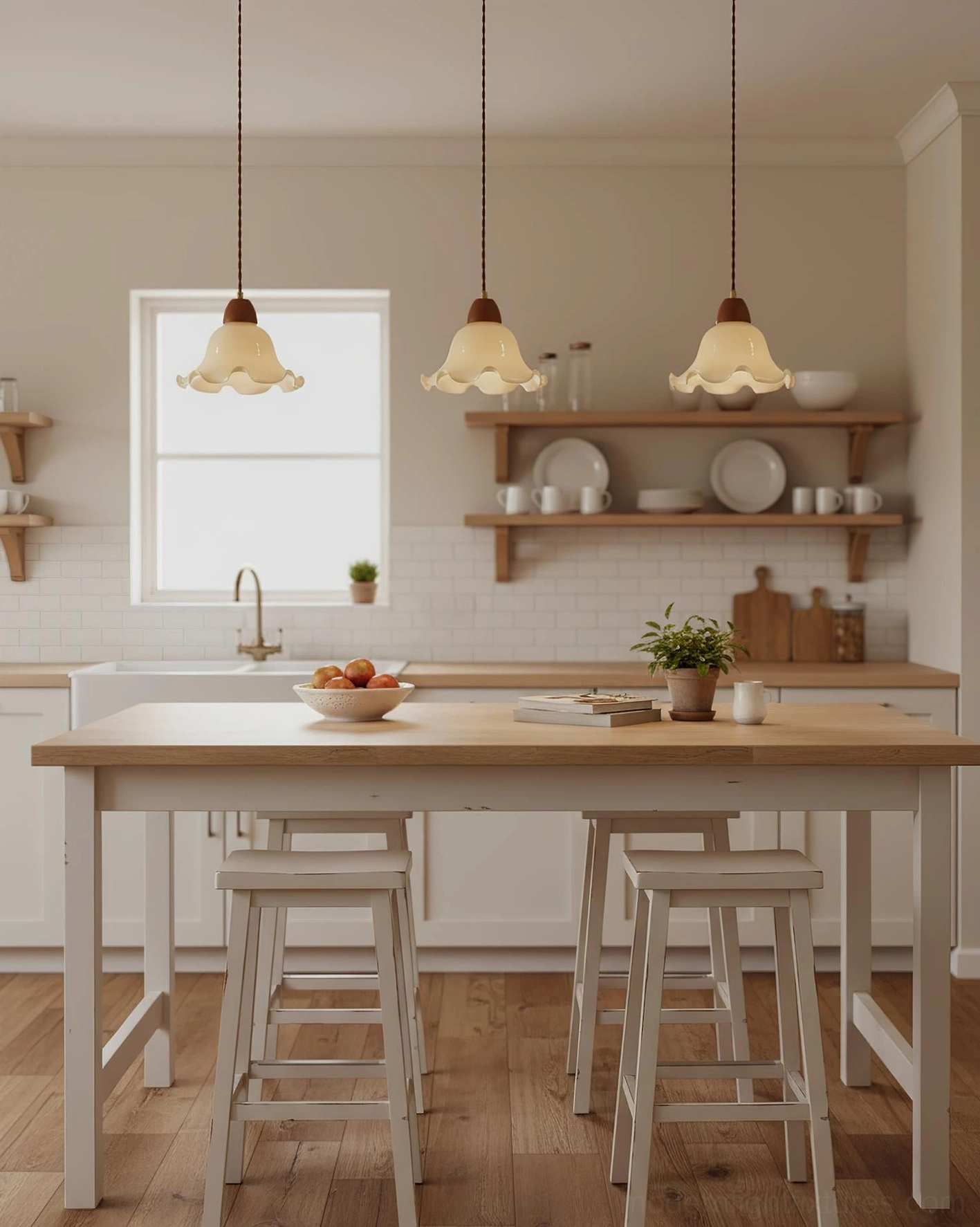 Multiple rowan flower pendant lamps suspended above long wooden dining table, rustic farmhouse setting