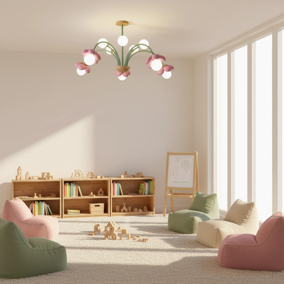 Flower-shaped ceiling light fixture with delicate petal details and professional hanging installation view