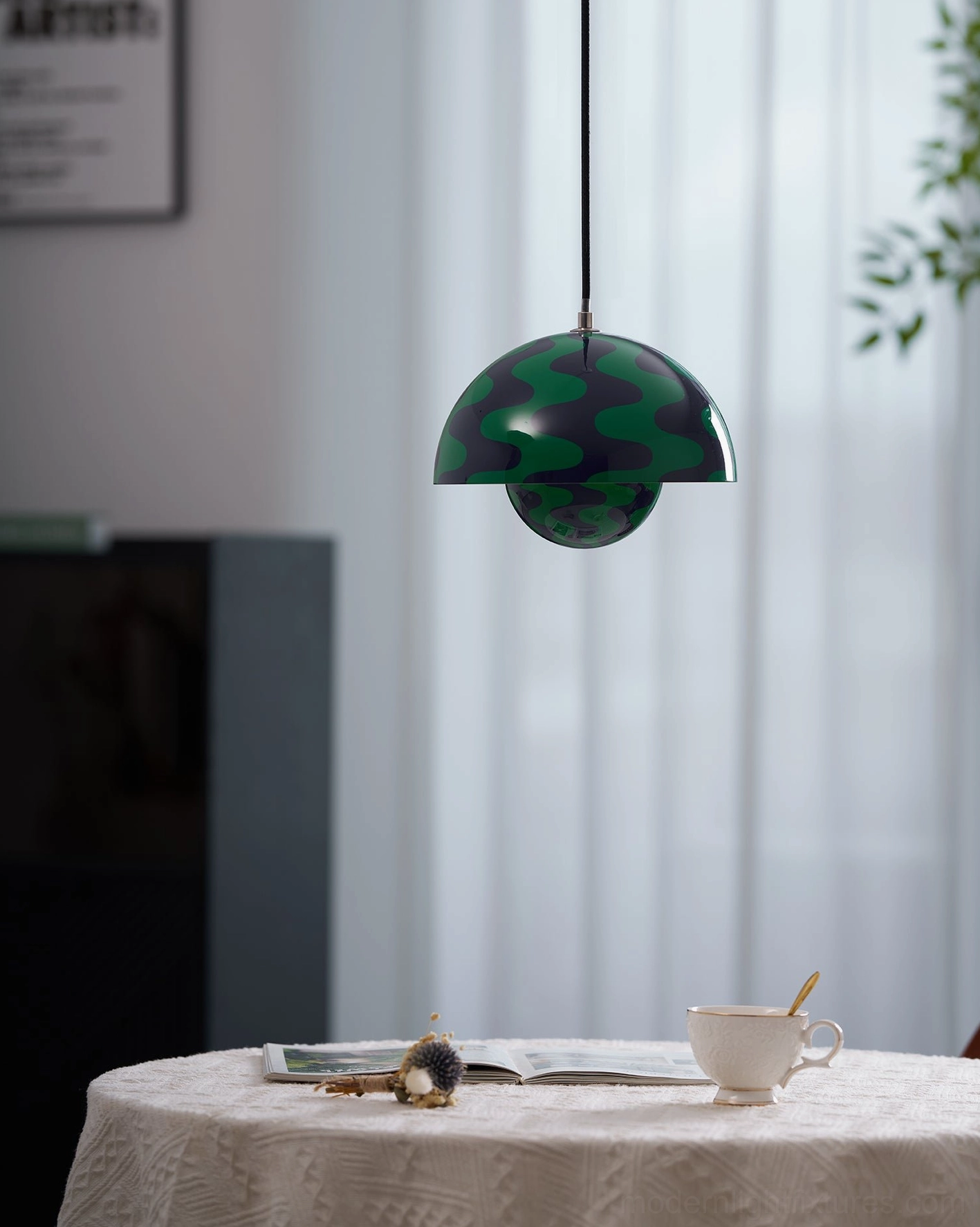 Flowerpot pendant light in contemporary residential kitchen with white marble counter