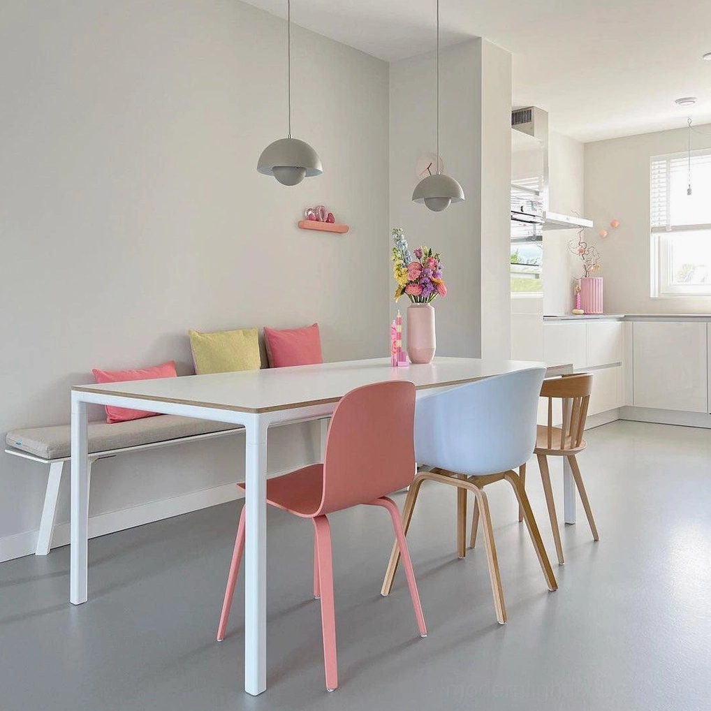 Light gray Flowerpot pendant light above bright modern dining room with minimalist Nordic interior
