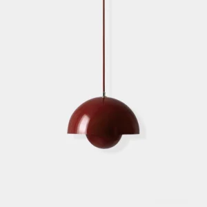 Flowerpot pendant light with matte red finish, frontal studio view showing perfect geometric hemisphere design