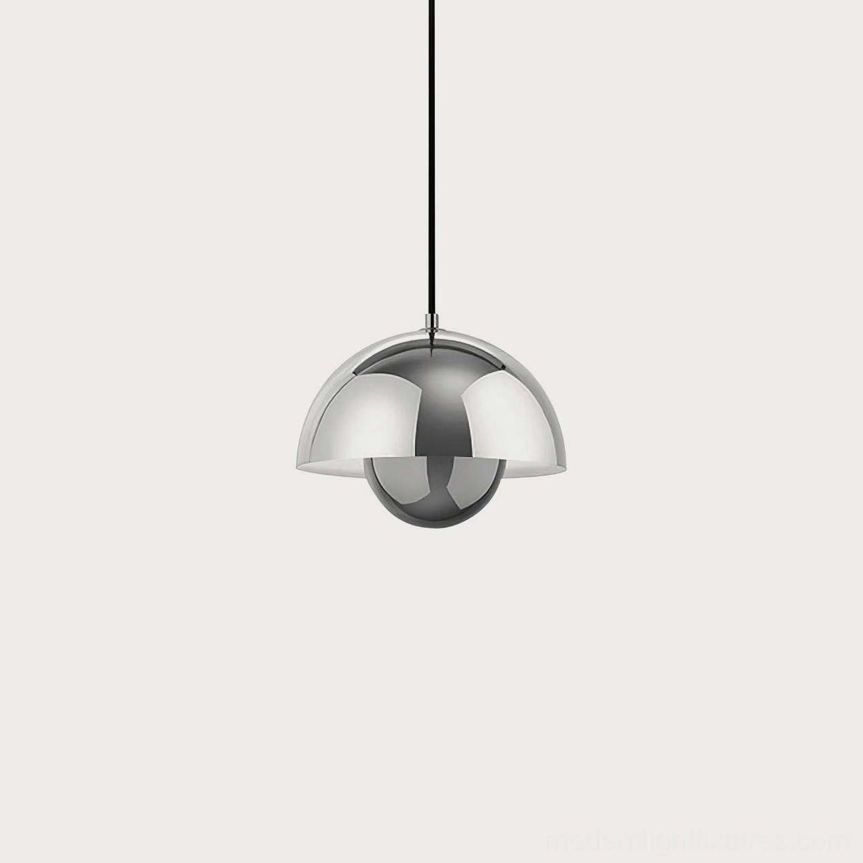 Flowerpot pendant light in silver metallic finish with reflective surface quality