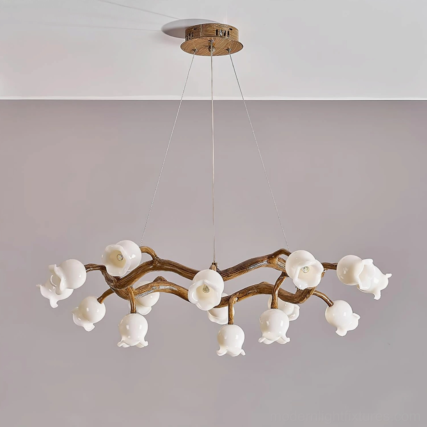 Flowers branch chandelier ambient lighting warm glow in residential interior space