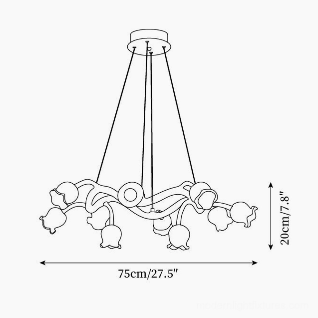 10-head flowers branch chandelier technical schematic dimensions 70cm diameter 20cm height