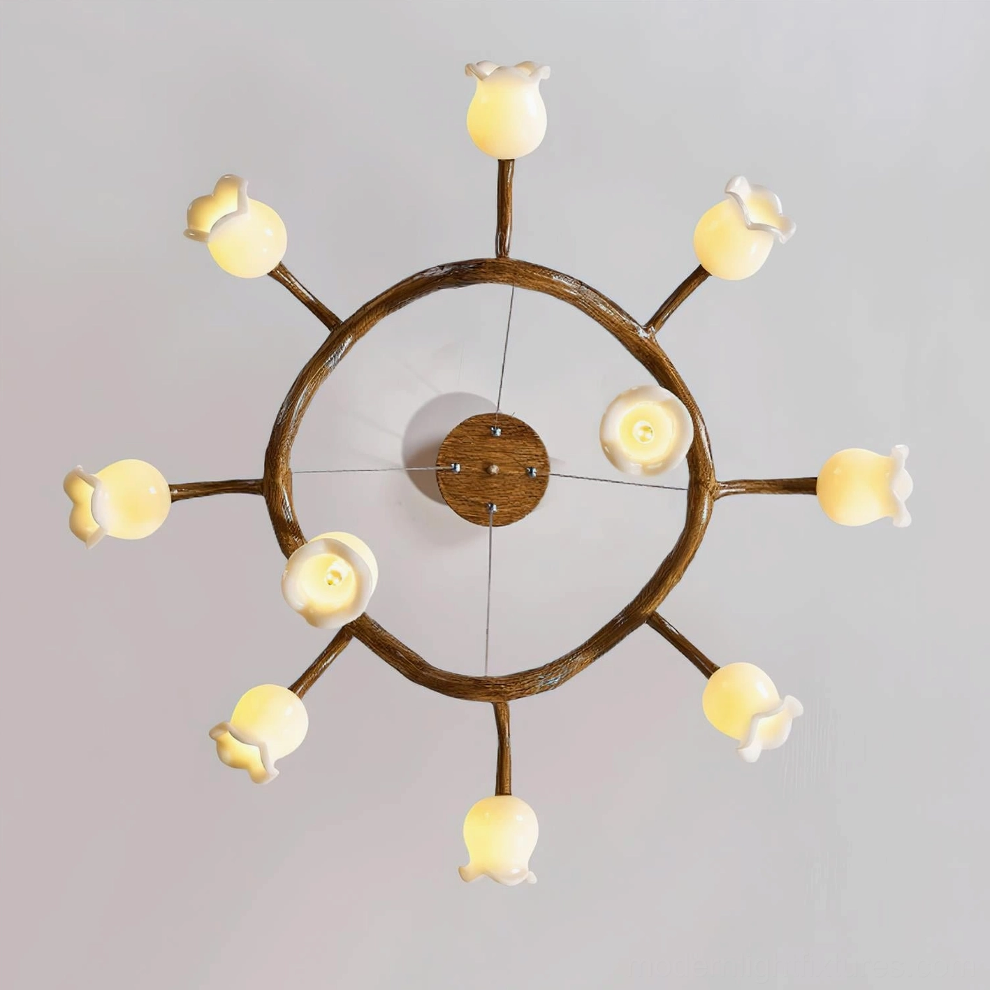 Flowers branch chandelier installation detail showing G9 socket and resin fiber glass shades