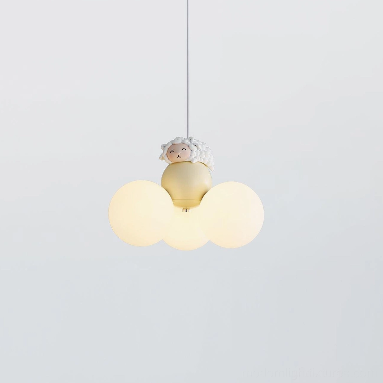Fluffy sheep pendant light fixture in white finish with frosted glass spherical shades