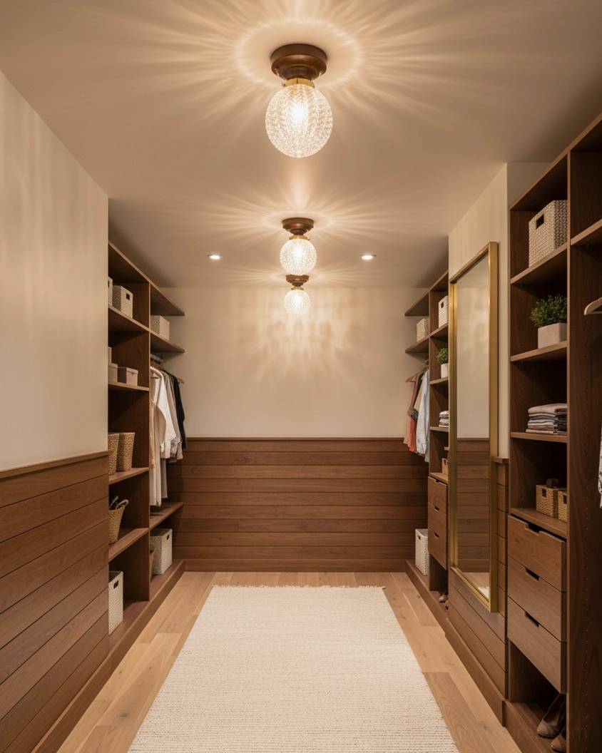 Row of textured glass ceiling lights in wooden walk-in closet, warm ambient overhead lighting system