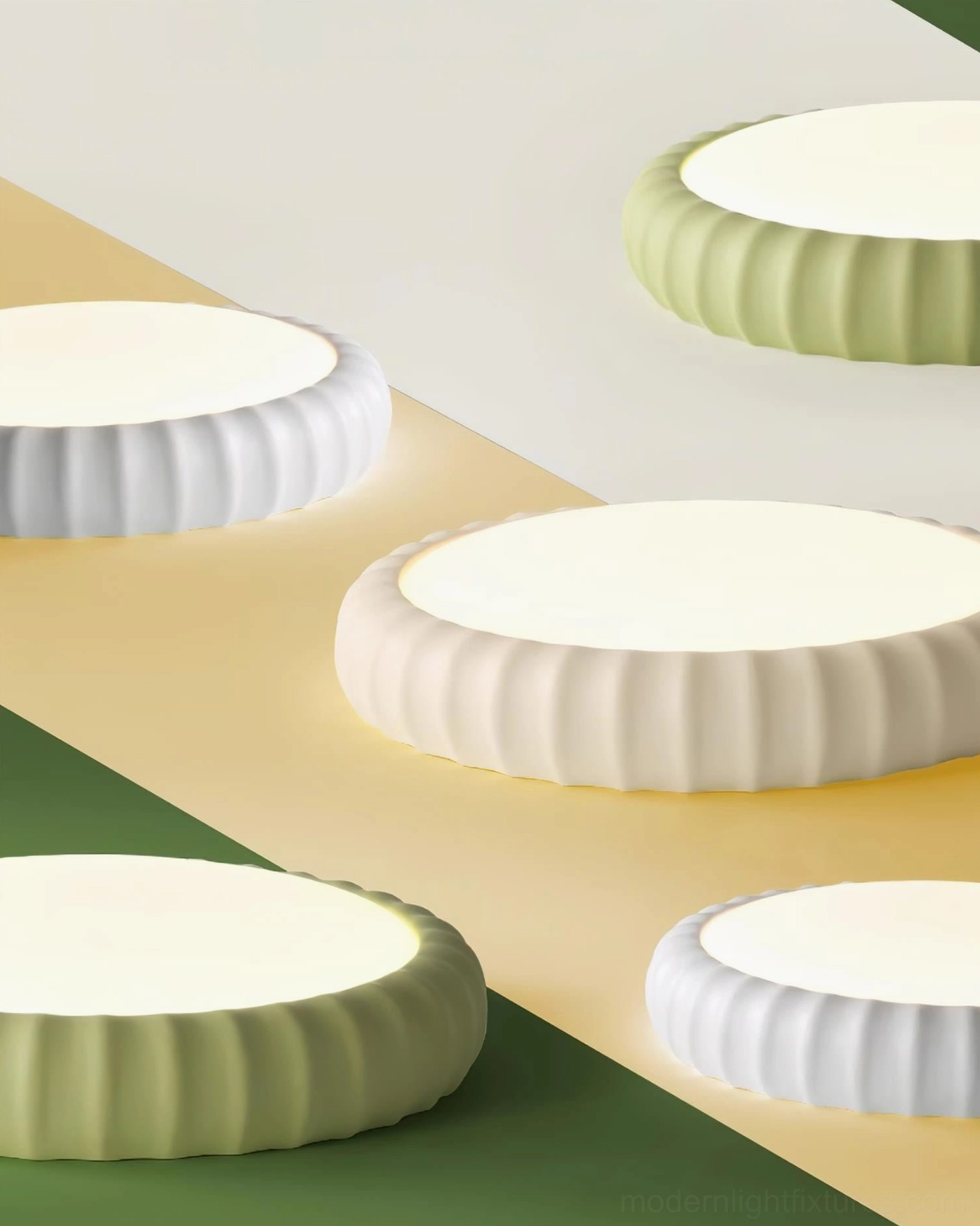Flat lay color comparison of fluted ceiling light fixtures - green and off-white product range
