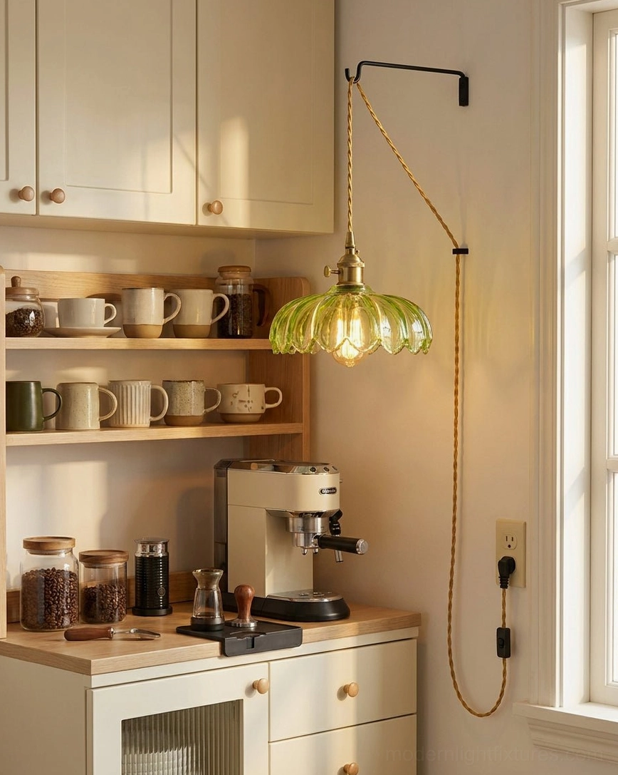Plug-in fluted glass pendant light over home coffee station with vintage farmhouse aesthetic and exposed twisted cord