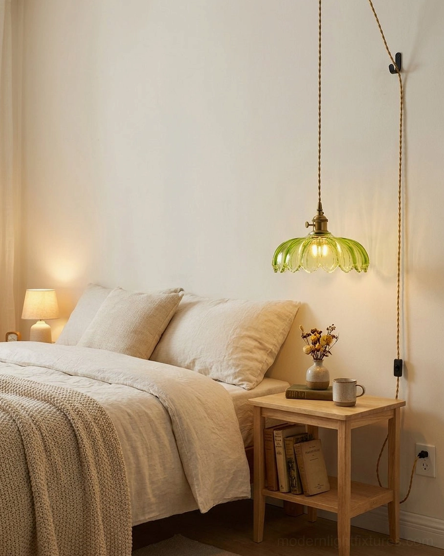 Fluted glass pendant light hanging in bedroom bedside farmhouse style interior with warm ambient lighting