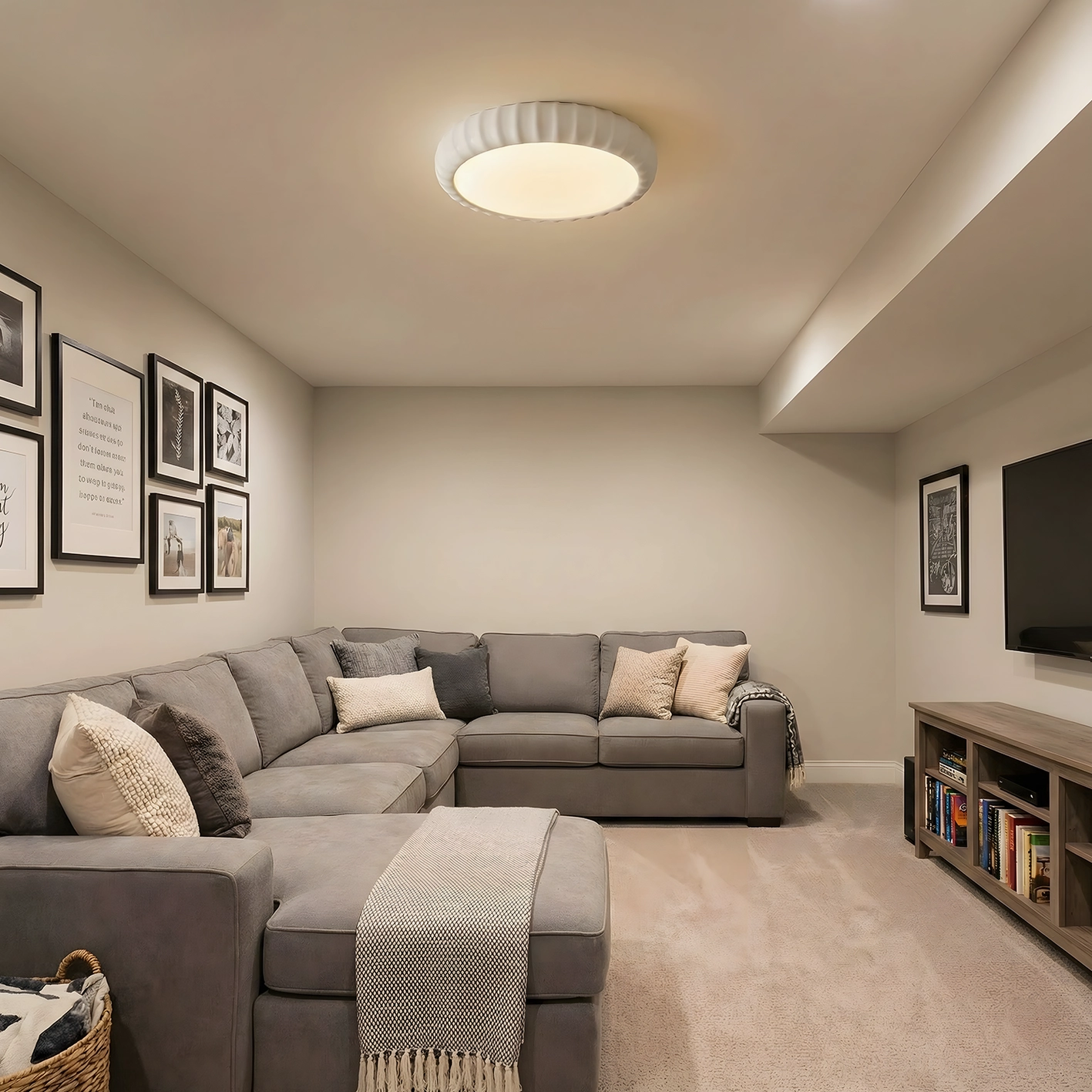 Fluted shade design of ceiling light fixture - ribbed texture light diffusion engineering