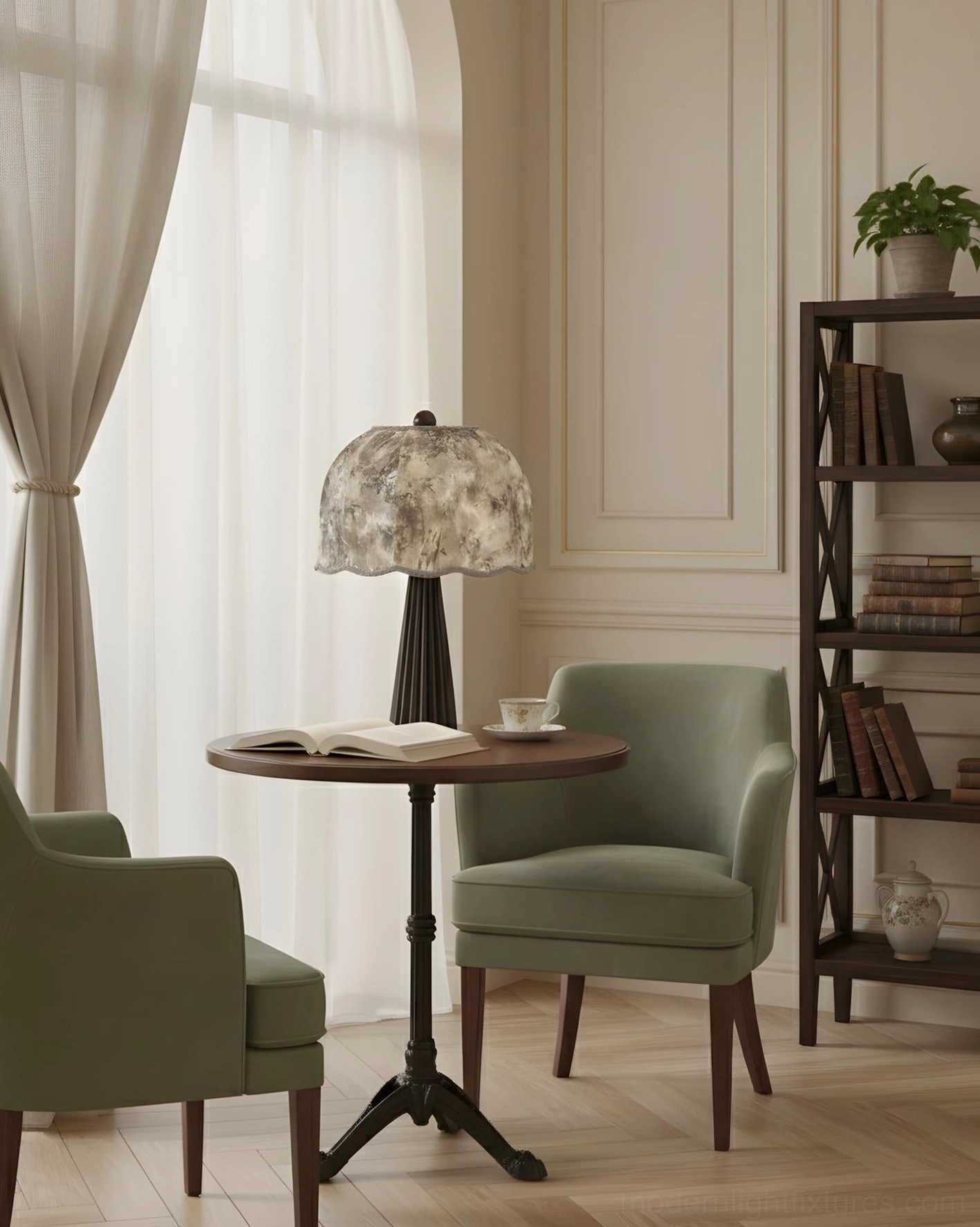Fluted wood base table lamp detail - pleated wooden construction and craftsmanship showcase