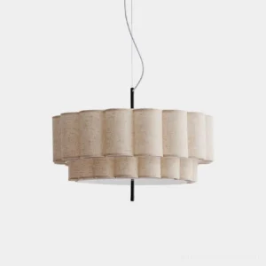 Folden pleated linen pendant light with dual-tier beige fabric shade and black metal stem, front view on white background