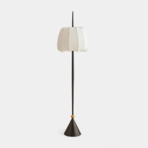 Folia Modern Floor Lamp with Black Metal Pole, Petal-Shaped Fabric Shade, and Gold Accent Detail - Front View Studio