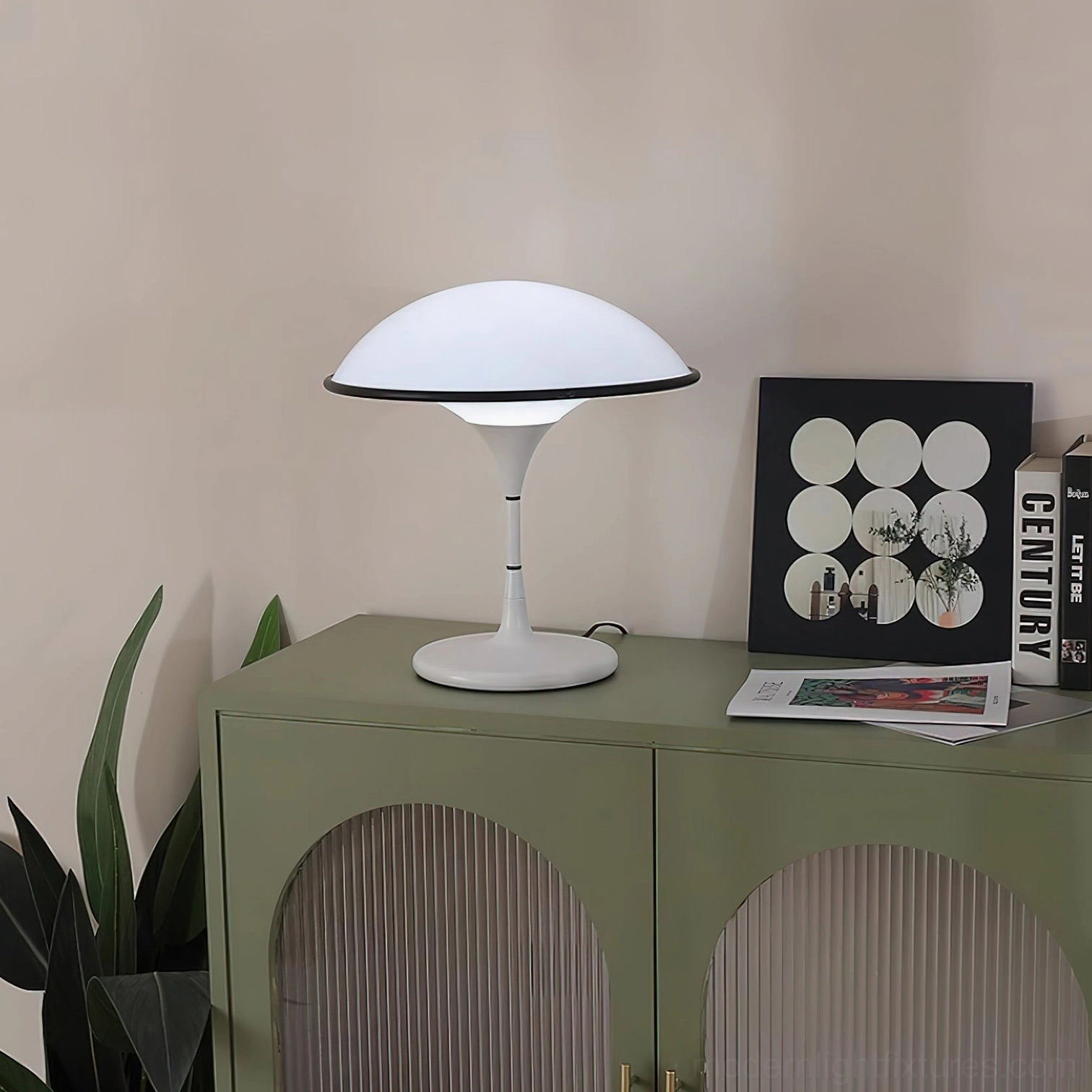 Fontana mid-century modern table lamp white shade on green cabinet minimalist design