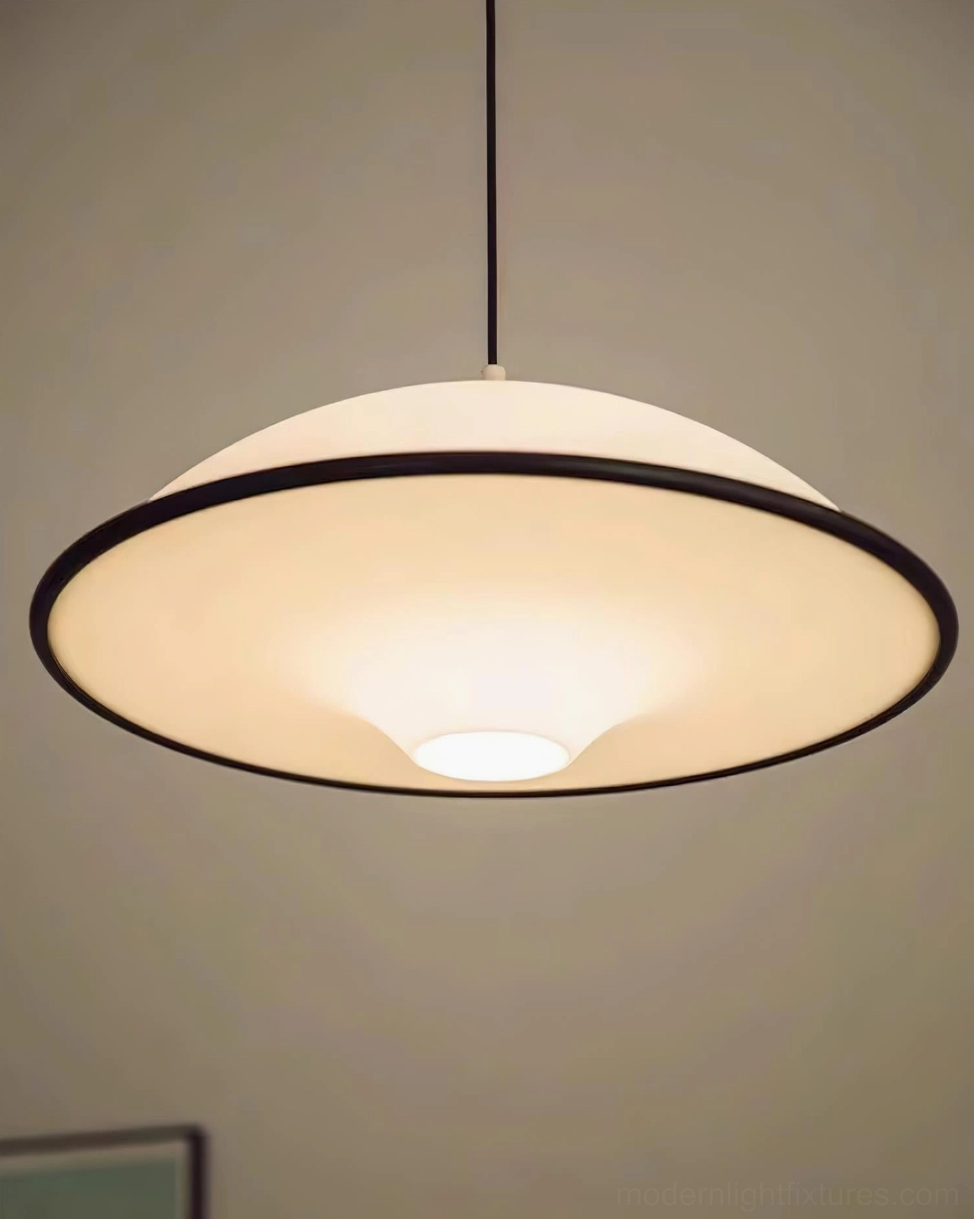 Fontana modern pendant light fixture detail view, frosted acrylic shade with metal construction