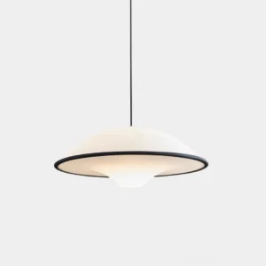 Fontana modern UFO pendant light with frosted white acrylic shade and black trim, front low-angle studio view