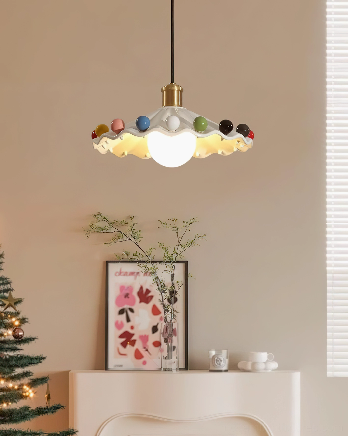 Fonthill handmade ceramic pendant light overhead angle view modern home entryway console table christmas tree