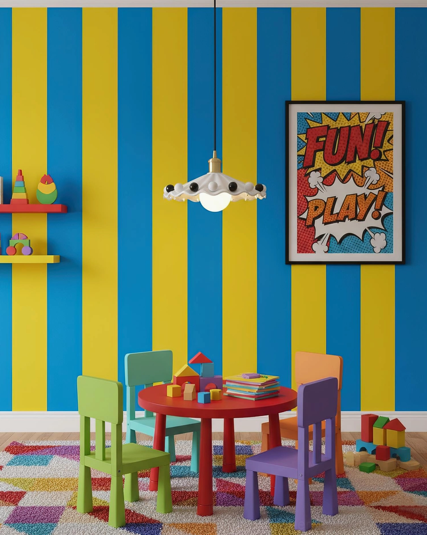 Fonthill handmade ceramic pendant lamp colorful glaze kids playroom striped walls vibrant children's room