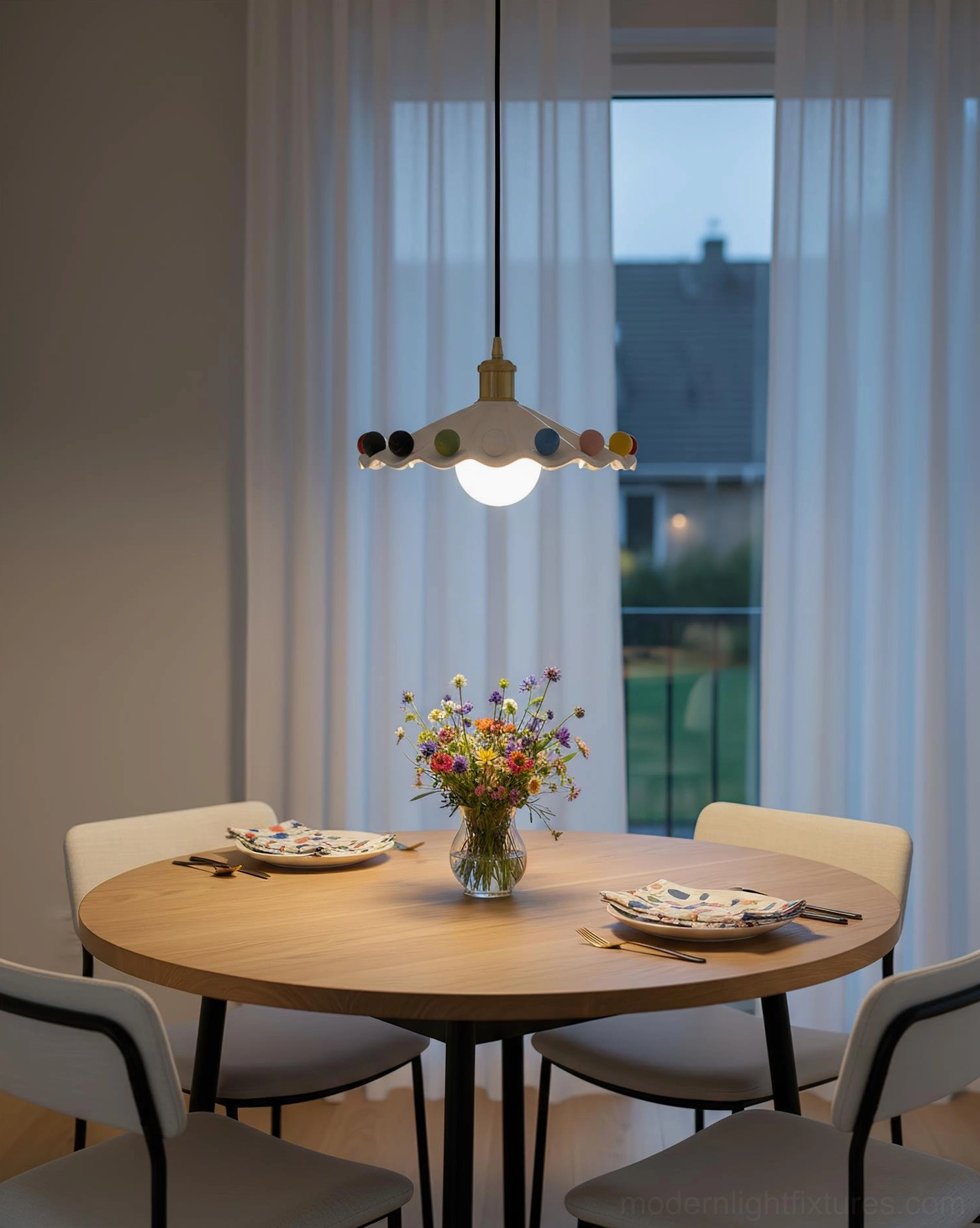 Fonthill ceramic scalloped pendant light family dining area warm cozy round wooden table lighting
