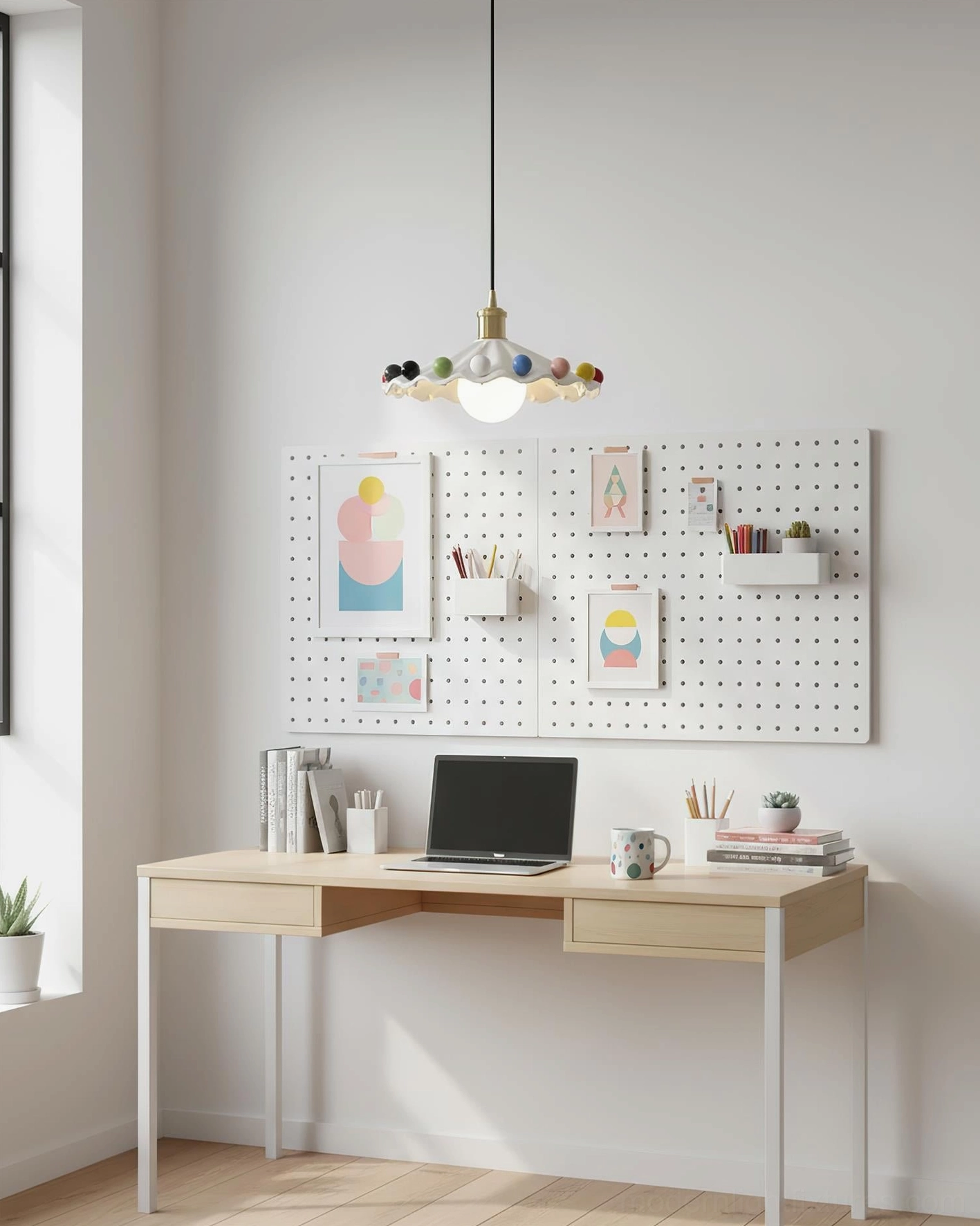 Fonthill ceramic scalloped pendant light Scandinavian minimalist home office pegboard wall bright workspace