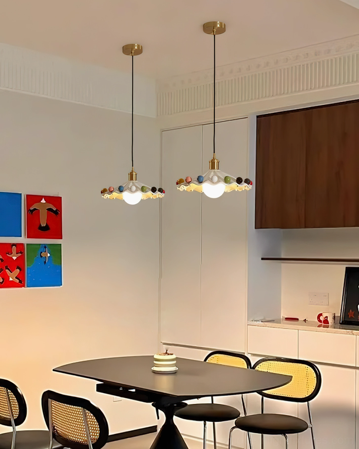 Dual Fonthill ceramic scalloped pendant lights hanging above open-concept dining kitchen mid-century modern