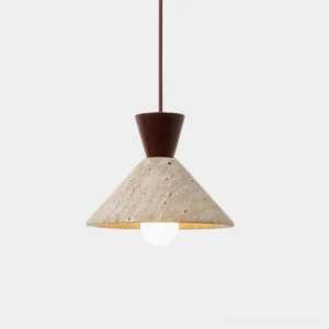 Forma travertine stone pendant light with walnut wood cone, close-up studio shot showing natural stone texture and pores