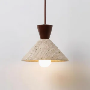 Forma travertine cone pendant lamp three-quarter view with visible bulb and natural stone surface variations
