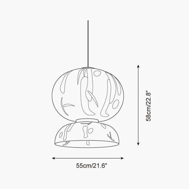 Formakami pendant lamp technical dimension schematic showing 55cm diameter by 58cm height measurements with abstract lantern outline