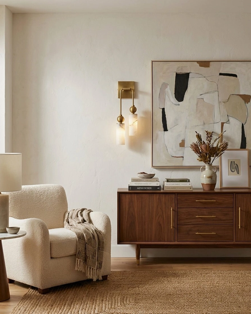 Brass alabaster wall sconce in formal mid-century living room with console cabinet and abstract wall art - modern lighting fixture