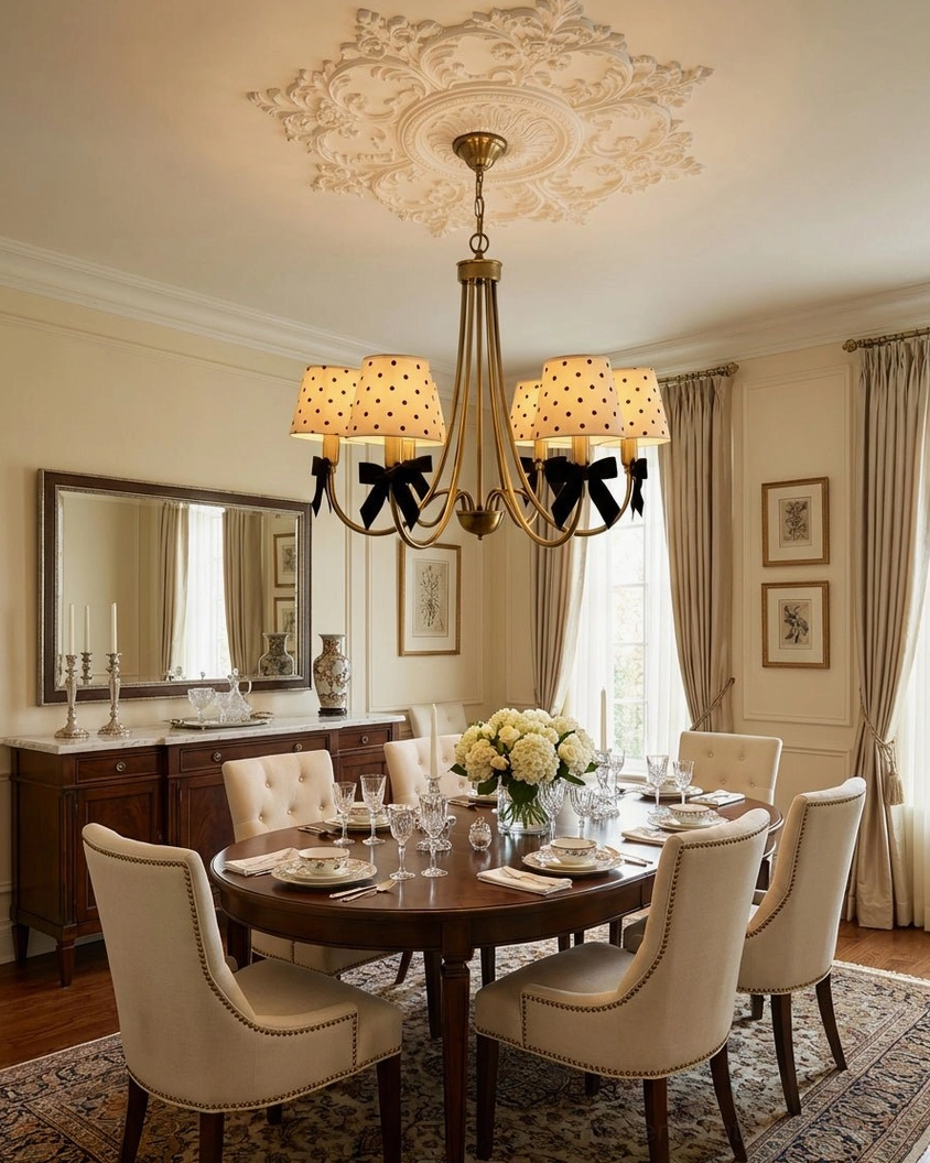 Formal dining room chandelier with polka dot shades and floral table decor