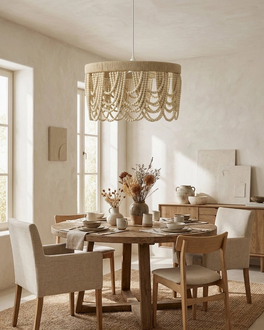 Handcrafted wooden bead fringe pendant light above large formal dining table with warm neutral bohemian decor and sideboard