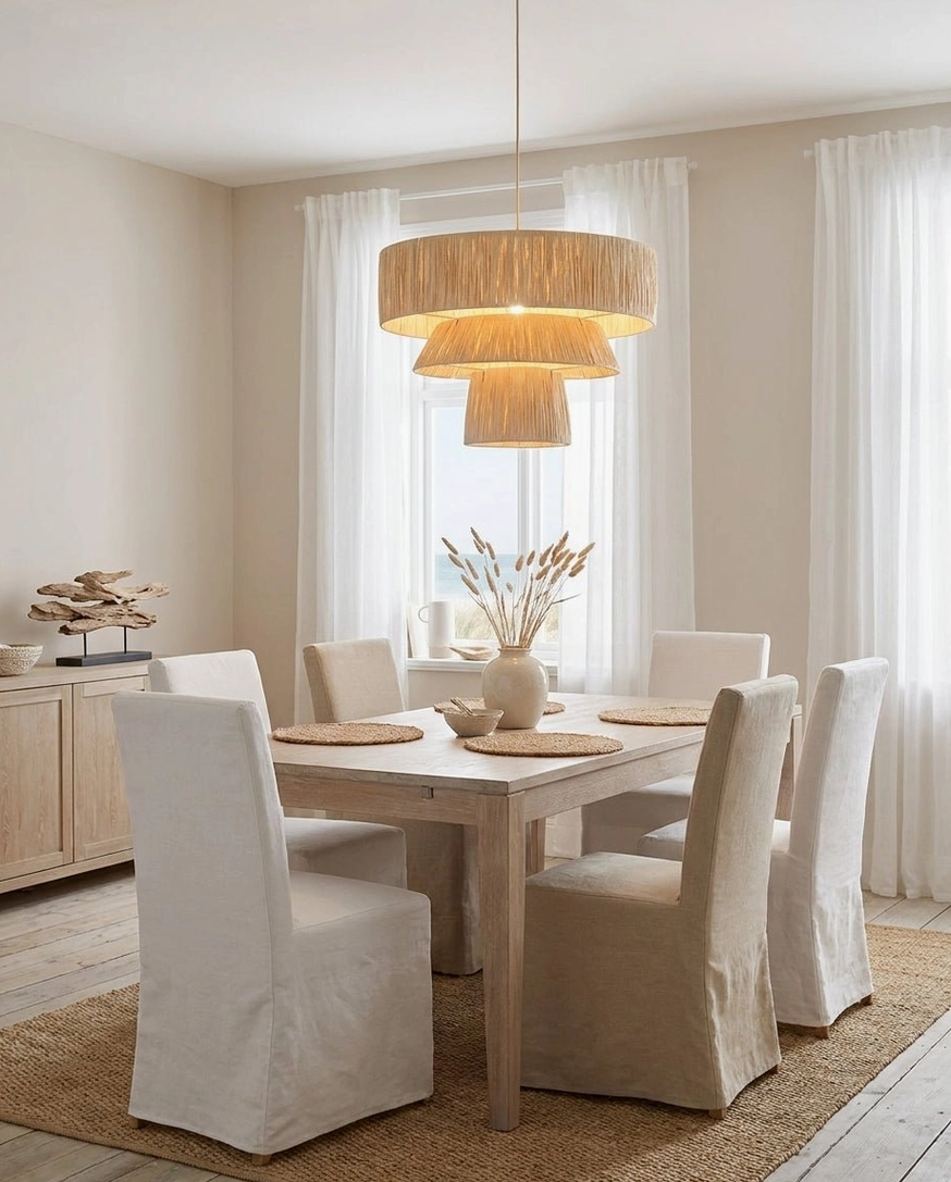Natural woven pendant light above formal dining table with white upholstered chairs in bright minimalist home interior