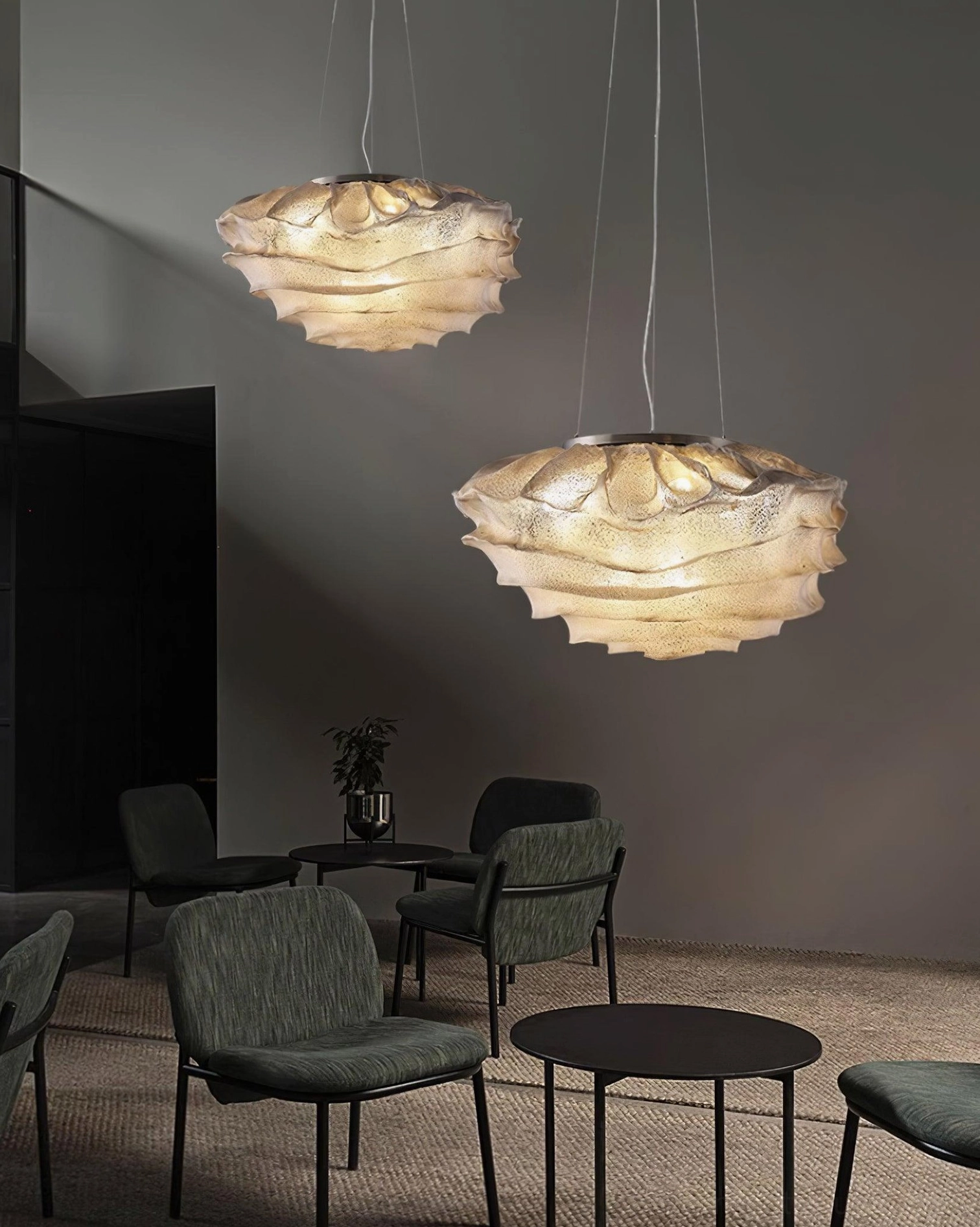 Forsyth modern sculptural pendant light close-up detail showing ruffled texture and metal hardware construction
