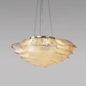 Textured frosted ruffled glass pendant light with silver-toned metal top cap and direct front view