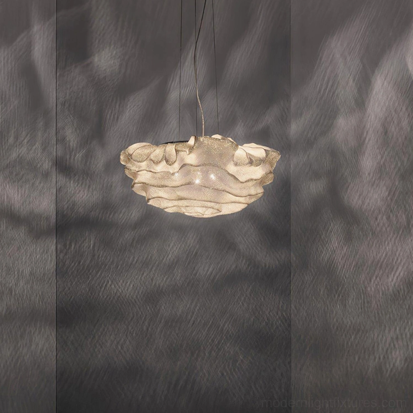 Forsyth ruffled hanging pendant lamp projecting wavy light patterns onto dark textured wall interior
