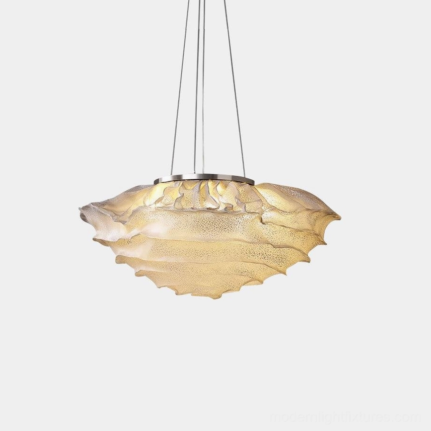 Forsyth ruffled pendant light with warm beige translucent shade and metal hanging hardware against white studio backdrop