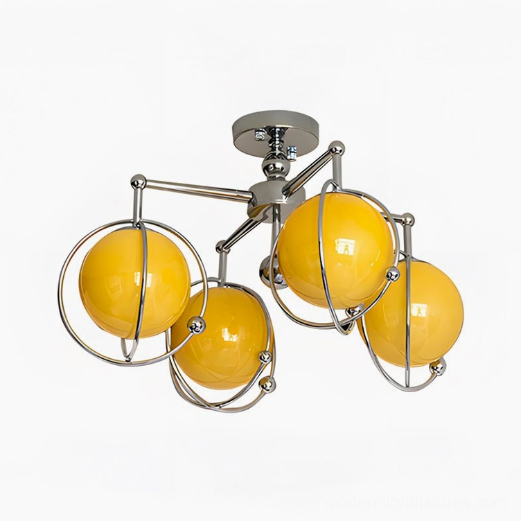 Four-globe ceiling light fixture with chrome frame in white studio setting, artistic overhead perspective