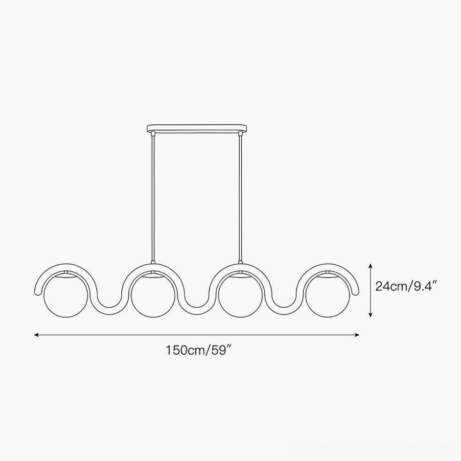 4-head linear wave pendant lamp front technical drawing with 150cm length and 24cm suspension height