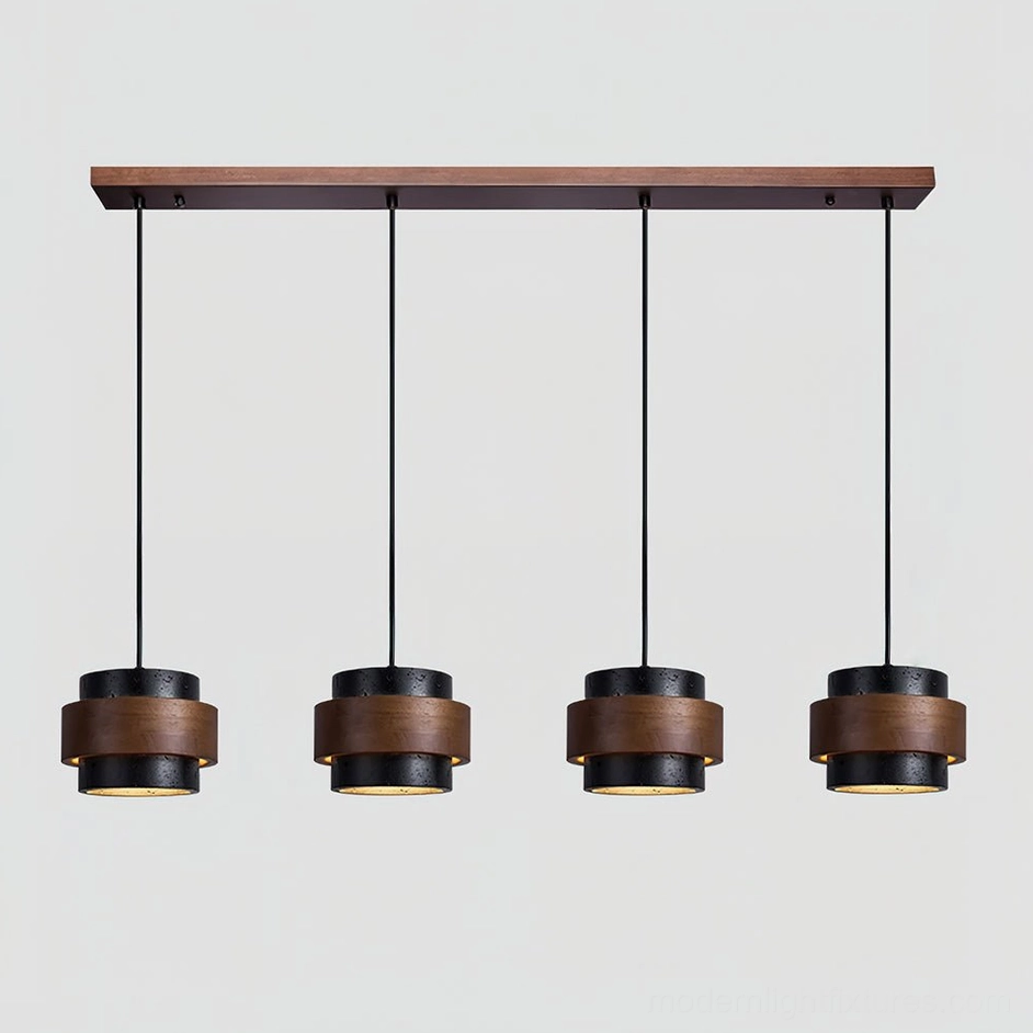 Four-head travertine pendant black stone chandelier, dramatic high-contrast modern lighting installation
