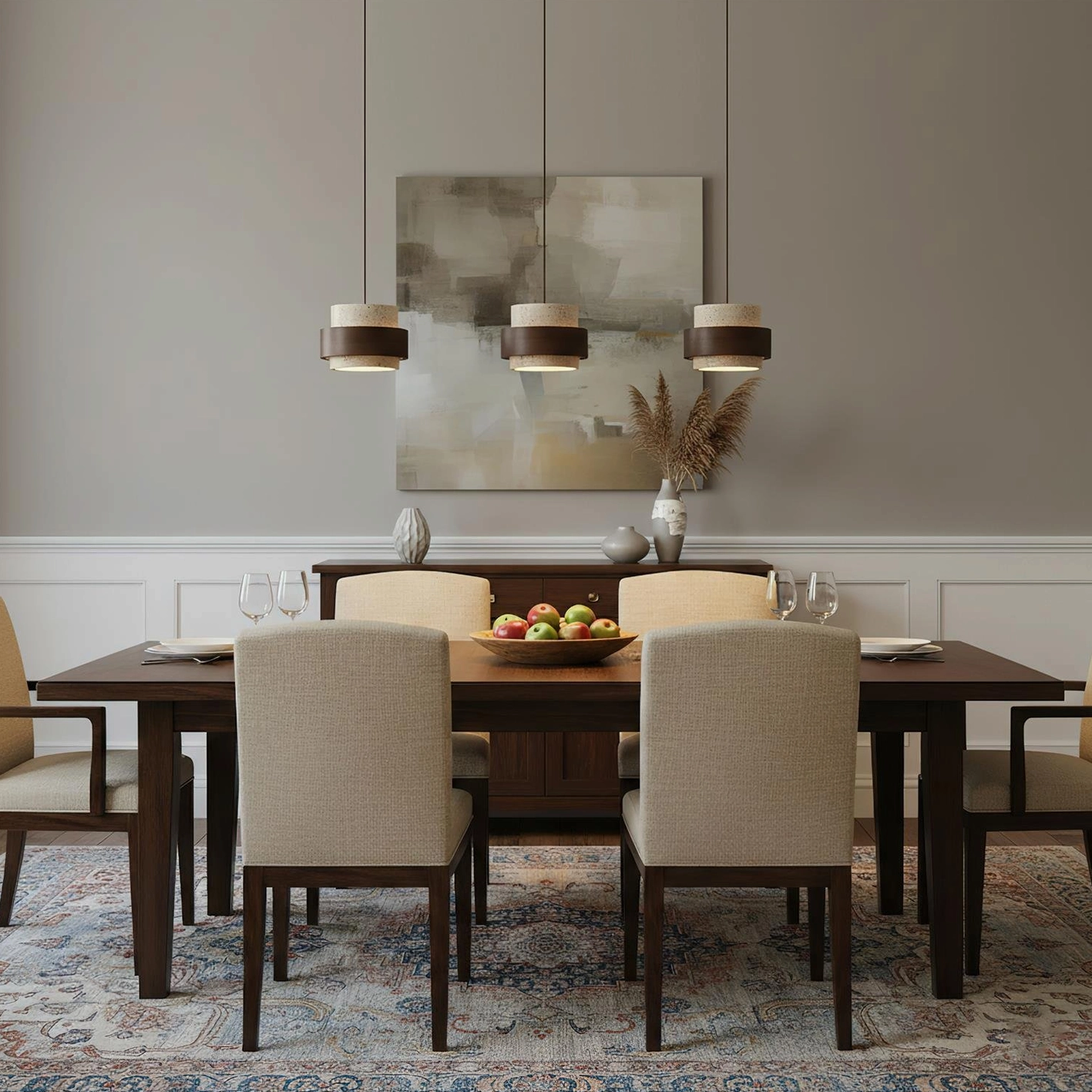 Four-head travertine pendant linear chandelier installed over extended dining table, large-scale lighting arrangement