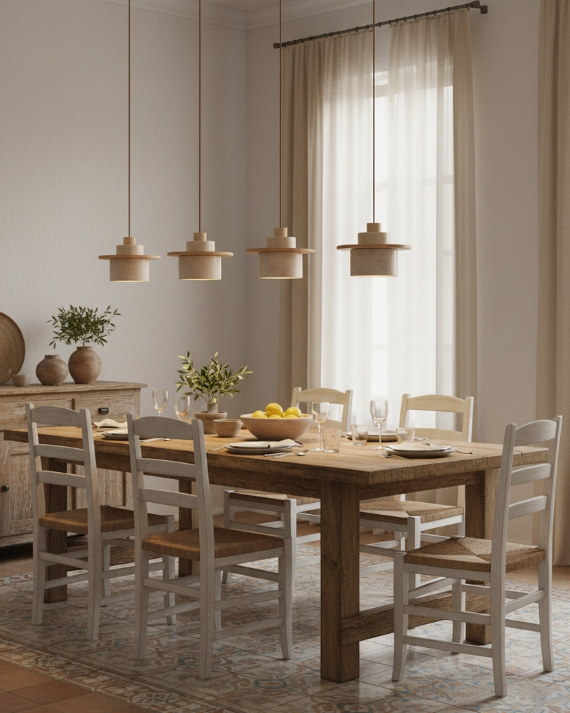 Four-head travertine pendant light configuration over rustic dining room table