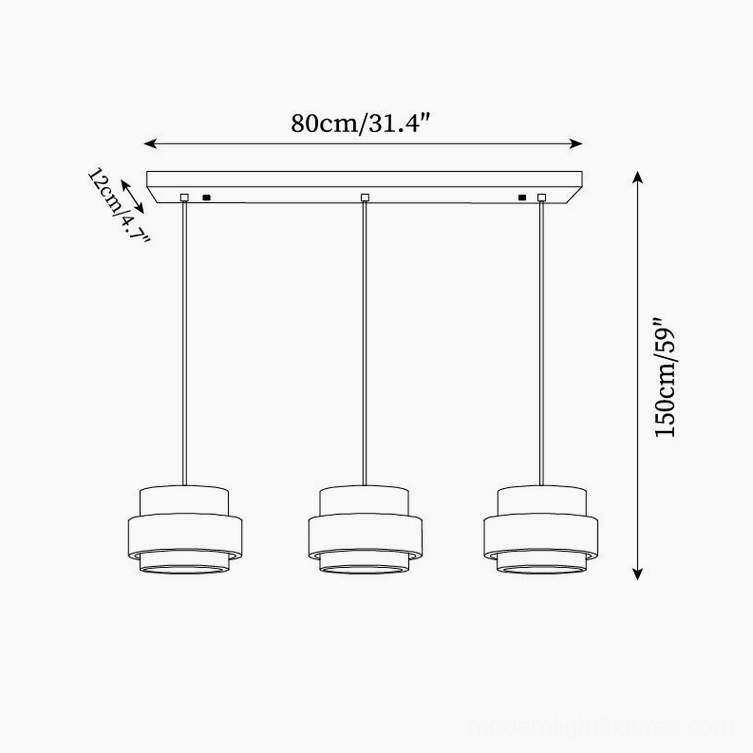 Four-head travertine pendant linear chandelier technical schematic showing 100cm length and 150cm hanging cord dimensions