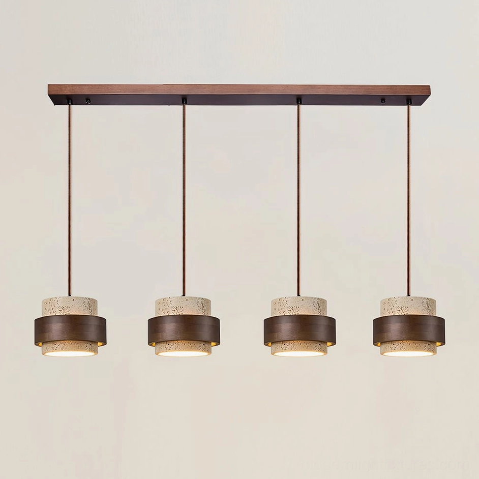 Four-head travertine pendant linear chandelier maximum span configuration, large-scale dining installation