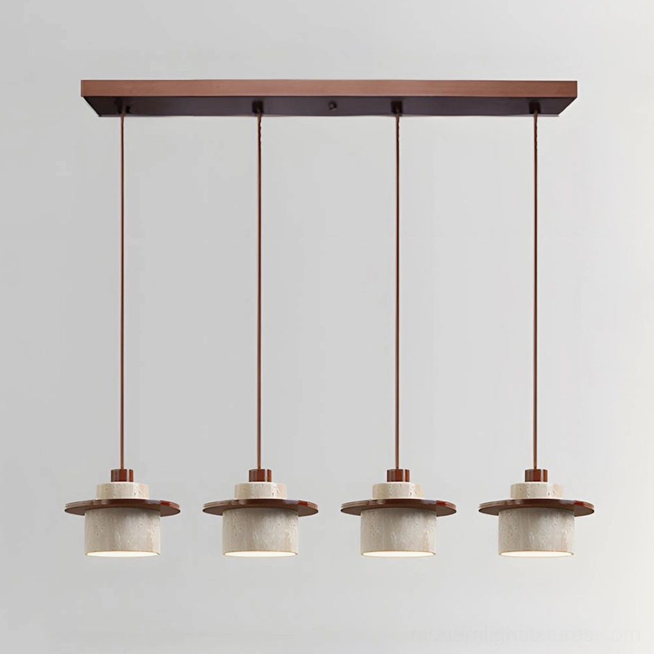 Four-head travertine pendant light walnut wood beige stone large format
