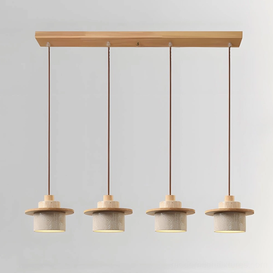 Four-head travertine pendant light wood color beige stone configuration